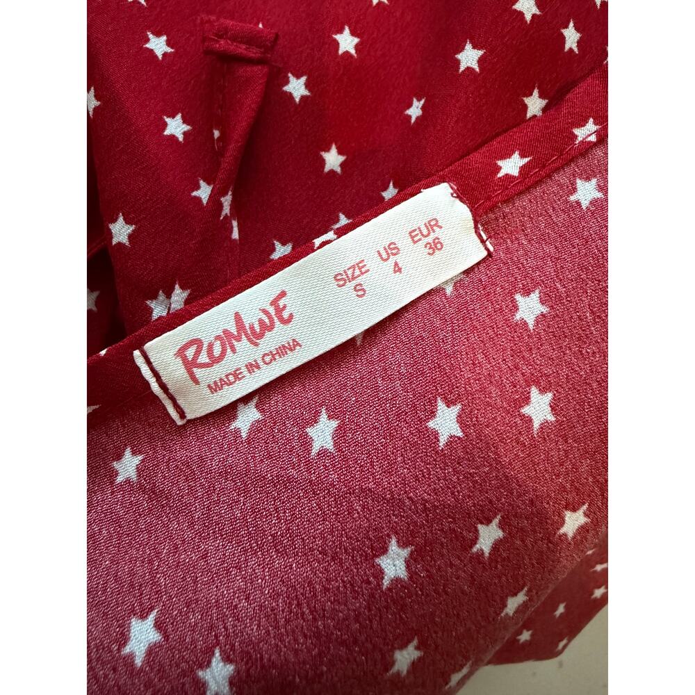Women’s Red Star Print Wrap Crop Top Tie Waist Flutter Sleeve Blouse - Picture 9 of 9